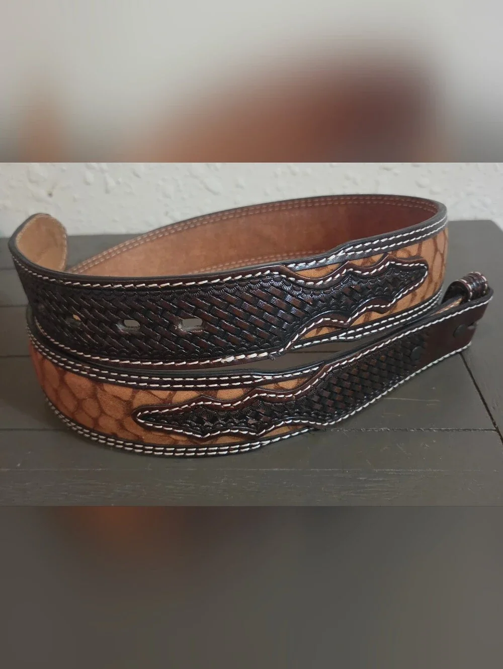 Men's Brown and Black Leather Belt with Decorative Weave